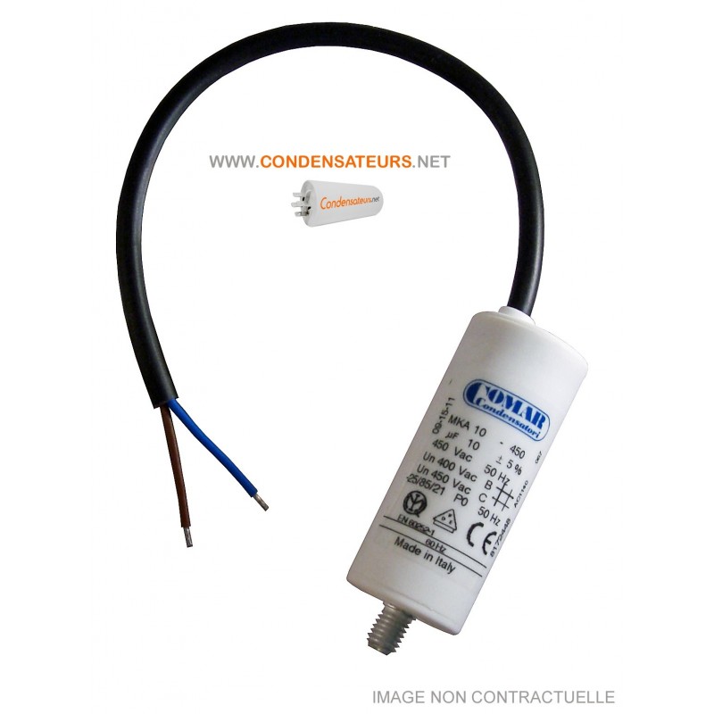 Condensateur 10mf 450V à câble pour démarrage moteur LEROY SOMER LS71P 0.37kW Condensateur 10mf 450V à câble pour démarrage moteur LEROY SOMER LS71P 0.37kW