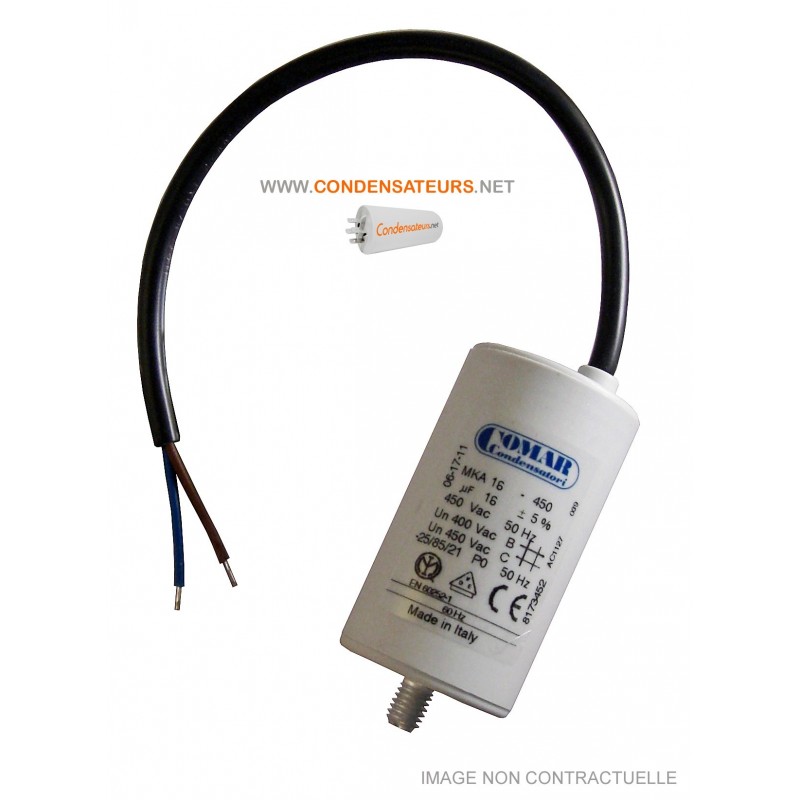 Condensateur 16µf, 16mf, 16 microfarads 450V CABLE pour moteur leroy somer Condensateur 16µf, 16mf, 16 microfarads 450V CABLE pour moteur leroy somer