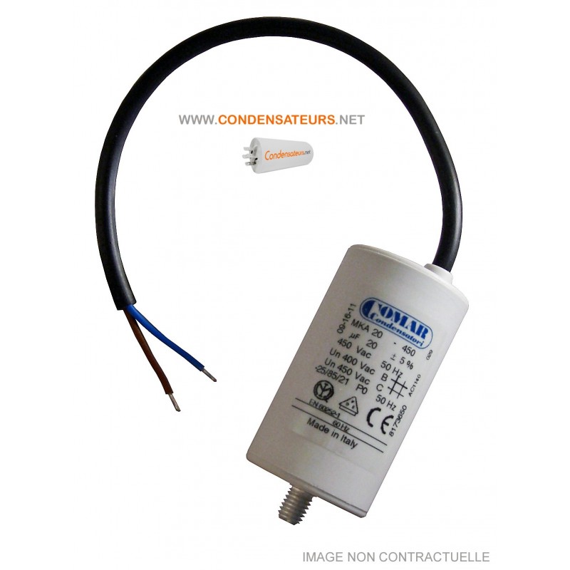 Condensateur 20µf, 20mf, 20 microfarads 450V CABLE POUR moteur leroy somer LS90P 0.75kW Condensateur 20µf, 20mf, 20 microfarads 450V CABLE POUR moteur leroy somer LS90P 0.75kW