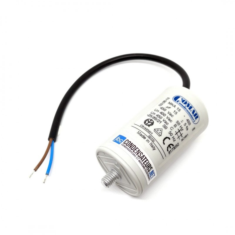 Condensateur permanent 15µF à câble pour moteur électrique Condensateur permanent 15µF à câble pour moteur électrique