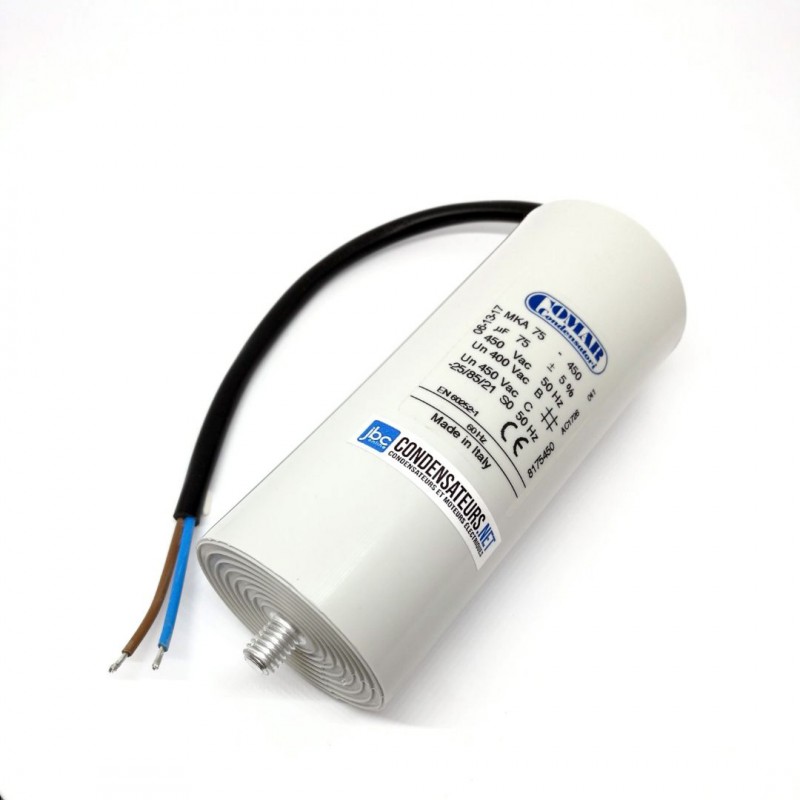 Condensateur permanent 75µF à câble pour moteur électrique Condensateur permanent 75µF à câble pour moteur électrique