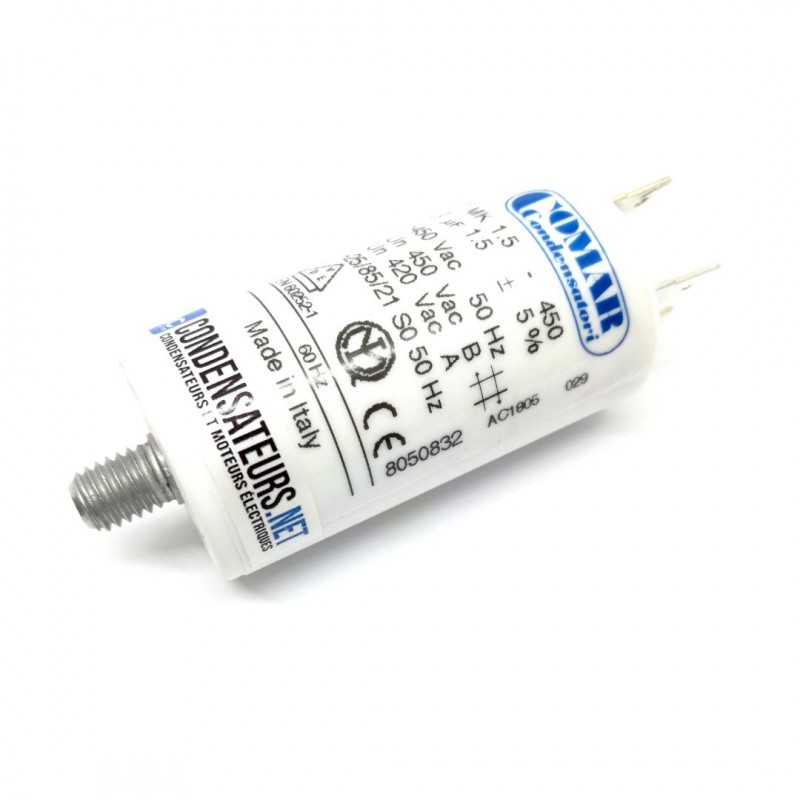 Condensateur permanent 1,5µF à cosses pour moteur électrique Condensateur permanent 1,5µF à cosses pour moteur électrique