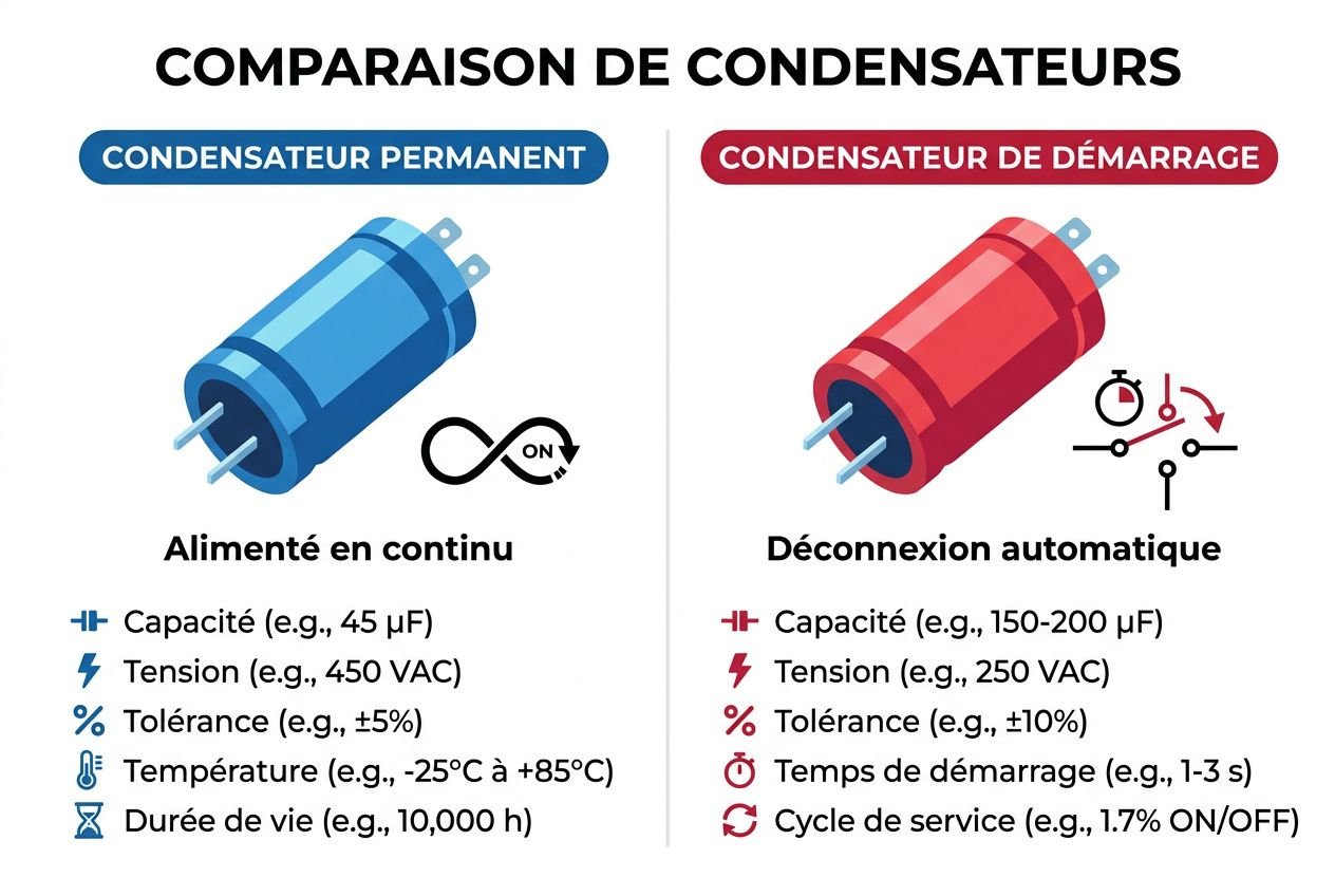 Comparaison de condensateurs pour moteur électrique: condensateur permanent et condensateur de démarrage affichés avec leurs caractéristiques (capacités, tensions, tolérances, températures, durées de vie et temps/cycle de démarrage).