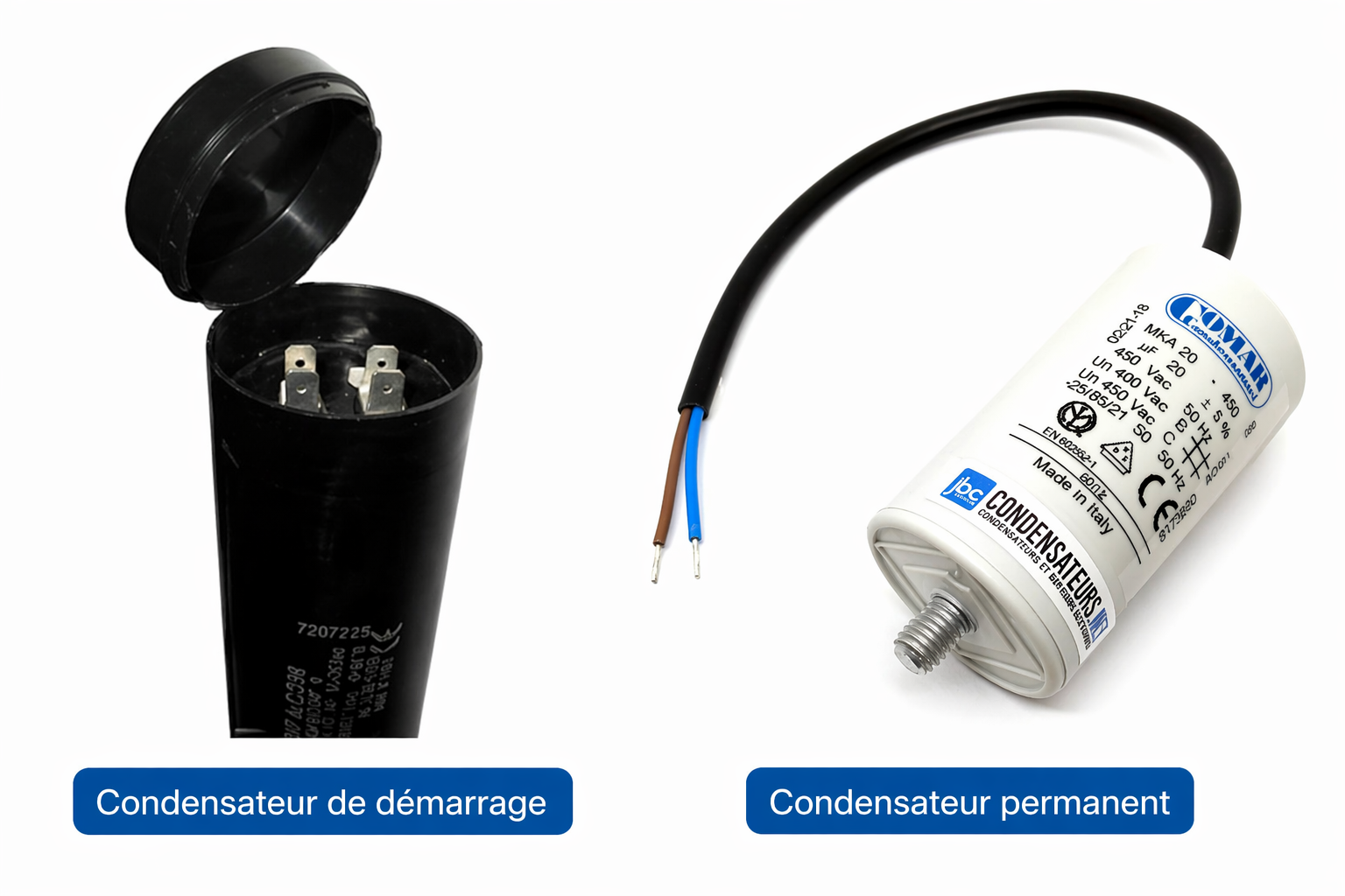 Condensateur de démarrage et condensateur permanent