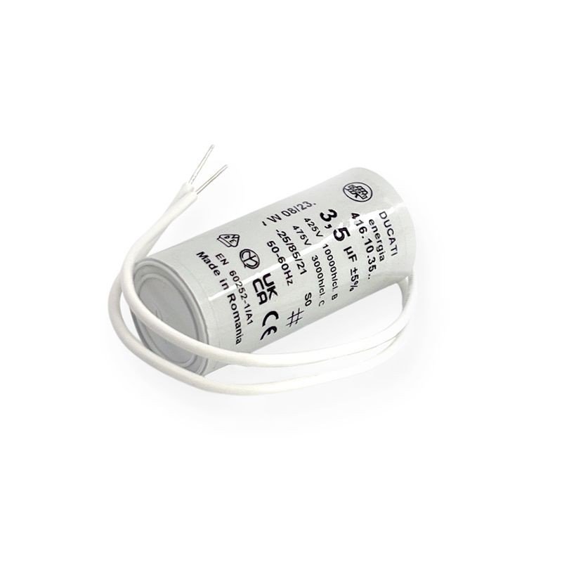 Condensateur permanent 3,5 µF à fils, avec fond plat, pour moteur de volet roulant.