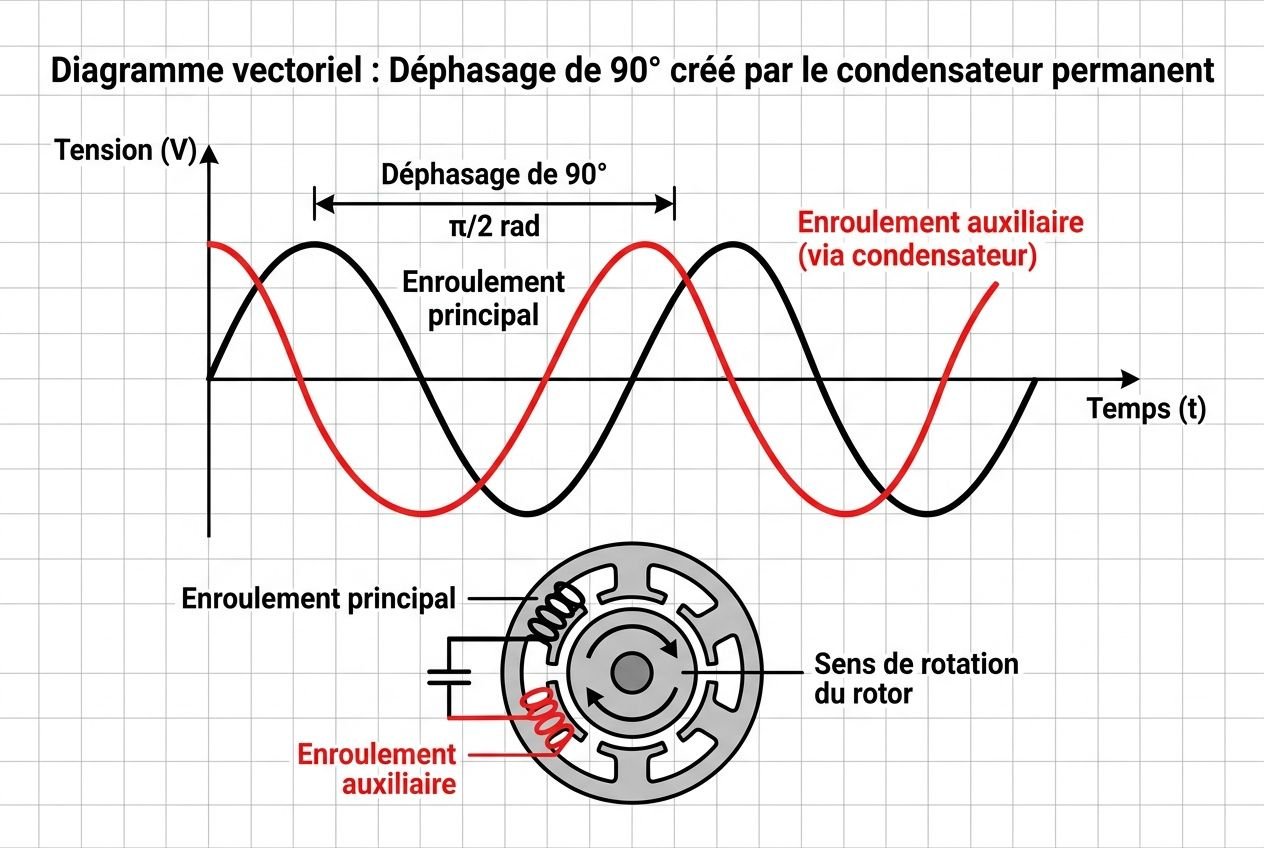Diagramme vectoriel montrant le déphasage de 90° créé par le condensateur permanent et l’enroulement principal/auxiliaire d’un moteur monophasé, avec graphes tension et rotation. Calcul condensateur permanent moteur monophasé intégré.