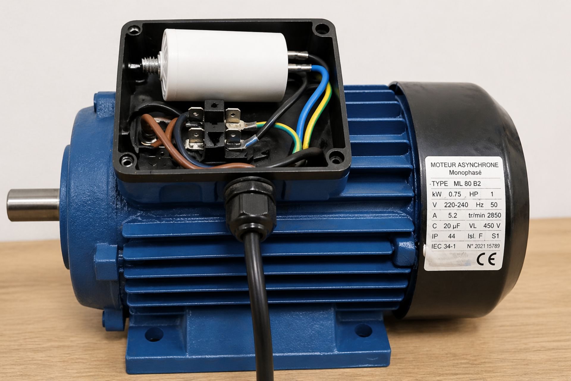 Moteur électrique monophasé avec condensateur permanent.