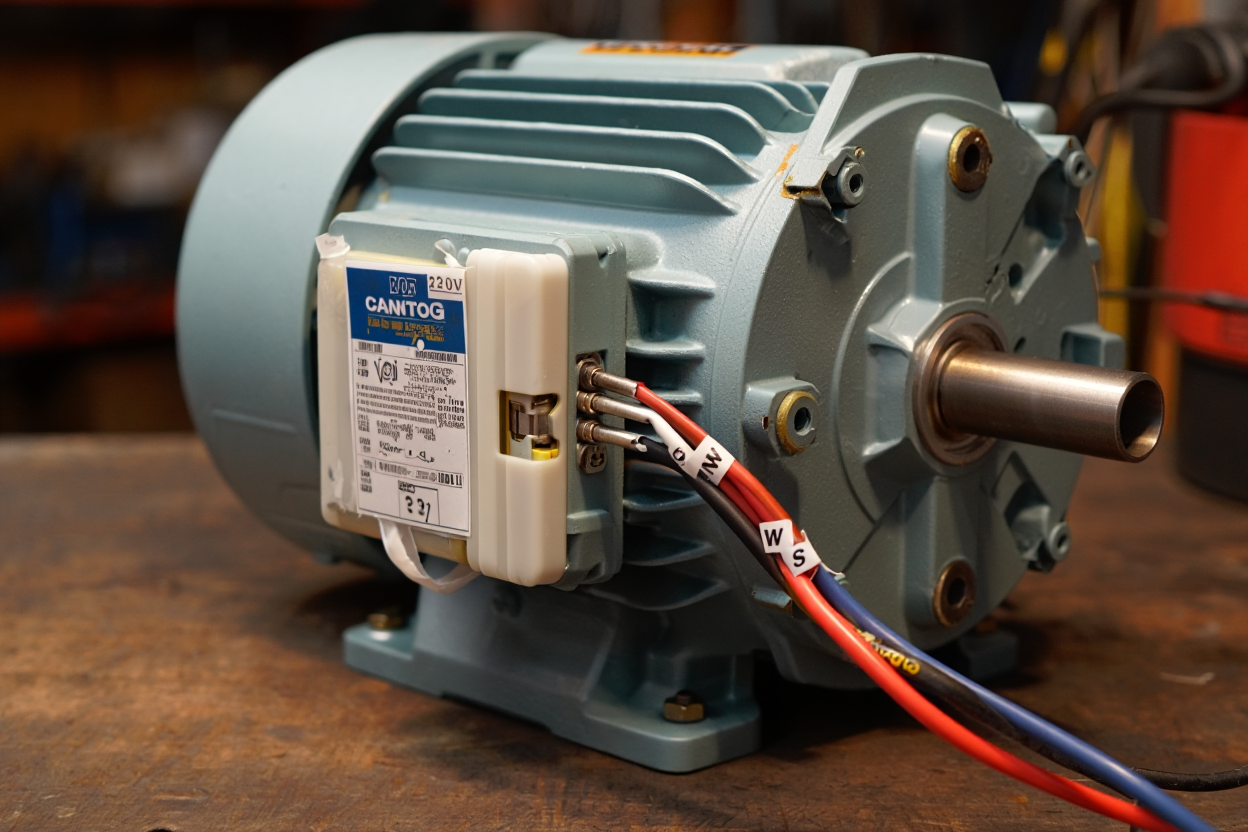 Moteur monophasé avec coffret de démarrage et fils colorés prêts pour le branchement du condensateur de démarrage et permanent.