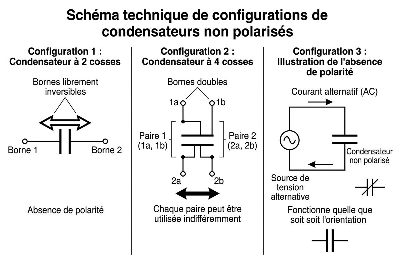 Schéma technique montrant le branchement d’un condensateur de démarrage et permanent sur moteurs monophasés, avec configurations et schémas cosses, guidant le sens de rotation. branchement condensateur de démarrage et permanent.