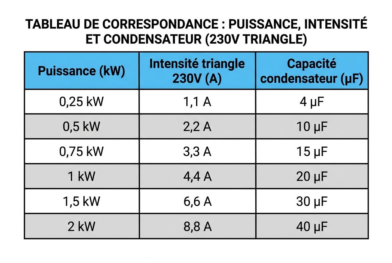 Calcul du condensateur permanent moteur monophasé : guide et tableau